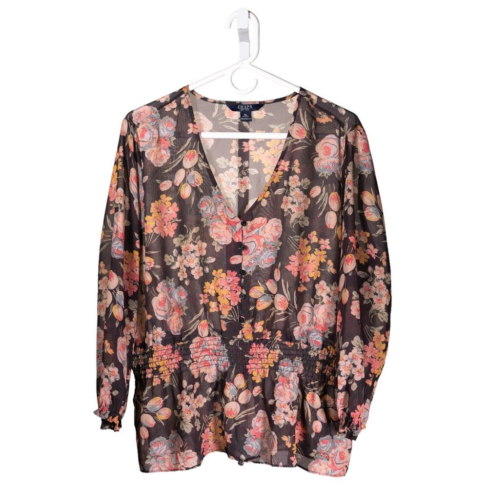 Chaps Ralph Lauren Women's Blouse Floral Elastic Waist Sheer Long Sleeve Top XL